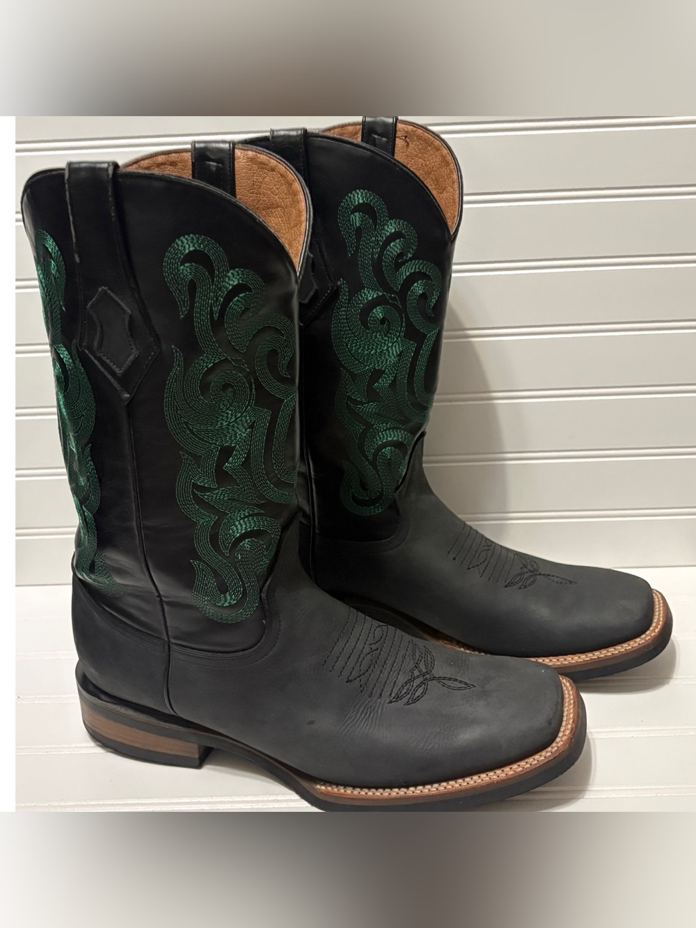 FERRINI Maverick Green Black Leather Square Toe Cowboy Boots Mens Size 12 D
